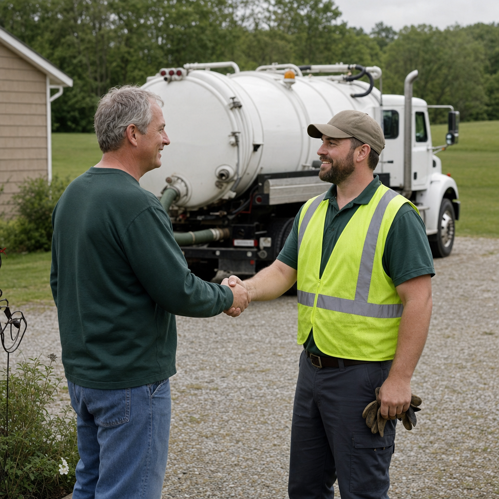 A septic technician shaking a Kansas City homeowner's hand beside the service truck after a completed pump-out