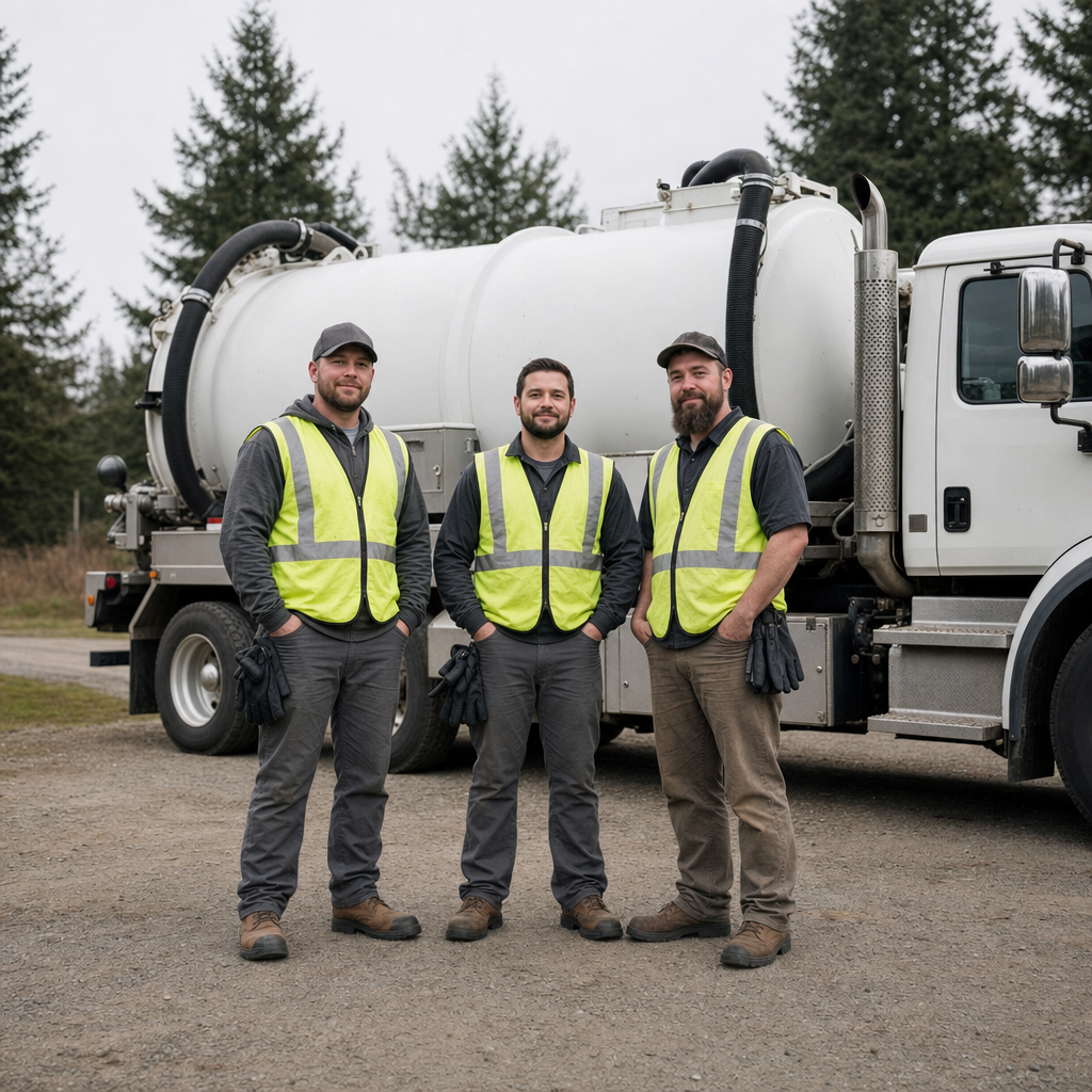 The Kansas City septic pumping crew standing together beside their clean white vacuum truck on a residential street