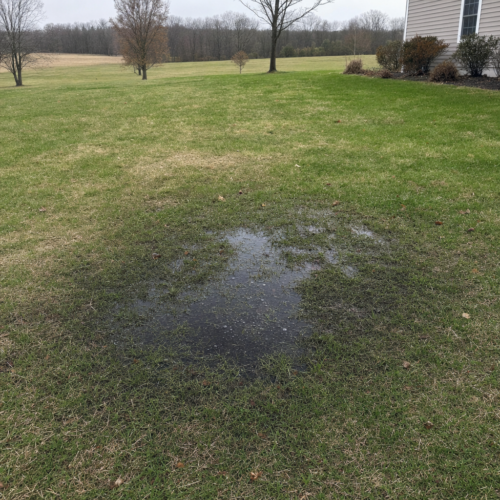 A dark, saturated wet spot in a Kansas City backyard lawn marking a failing cesspool at capacity