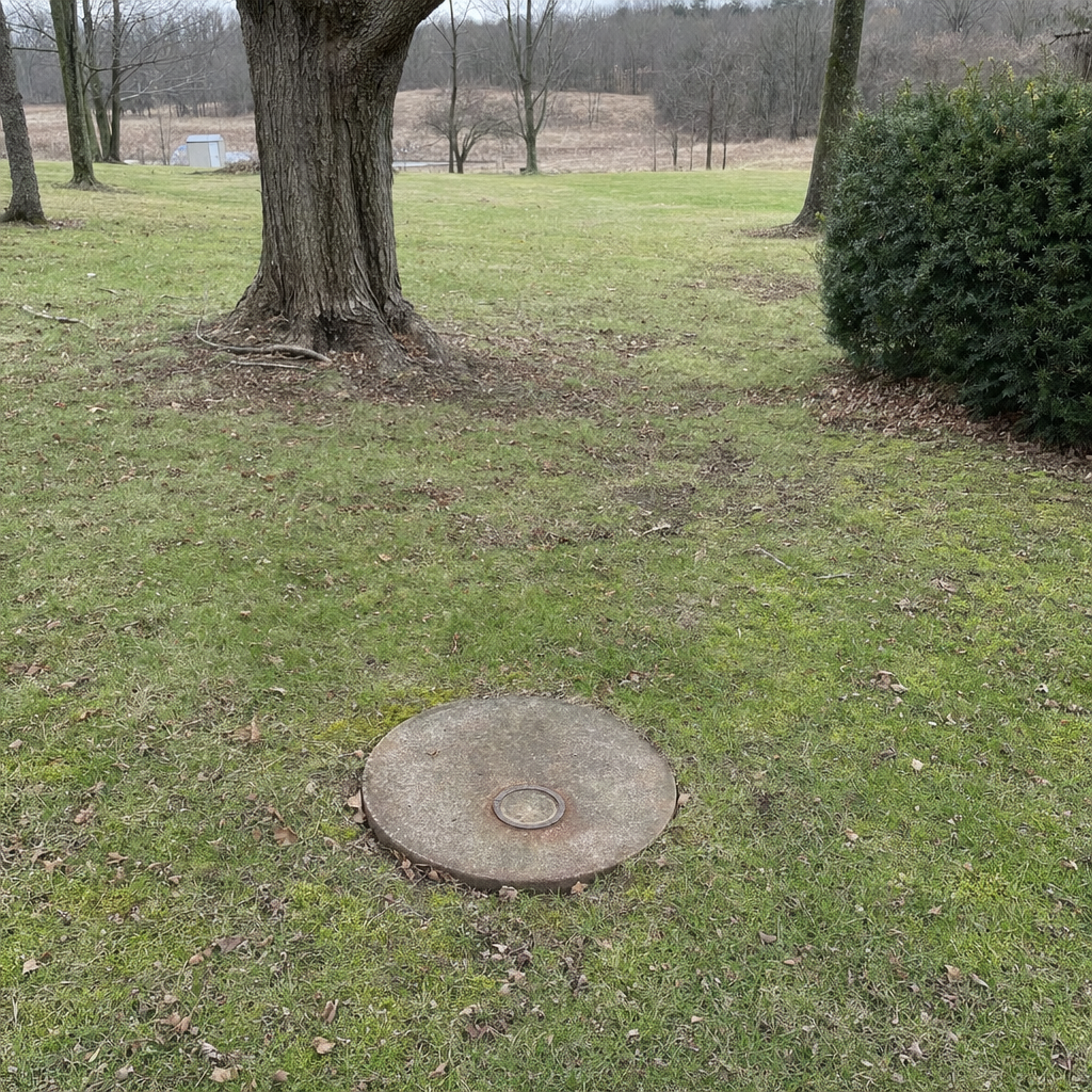 An older round cesspool access lid set flush in an established, mature Kansas City backyard lawn