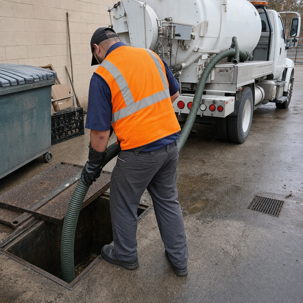 Technician pumping a grease trap behind a Kansas City restaurant