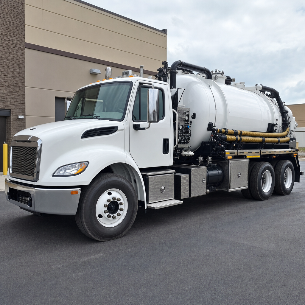 Commercial septic vacuum truck parked in a Kansas City business parking lot