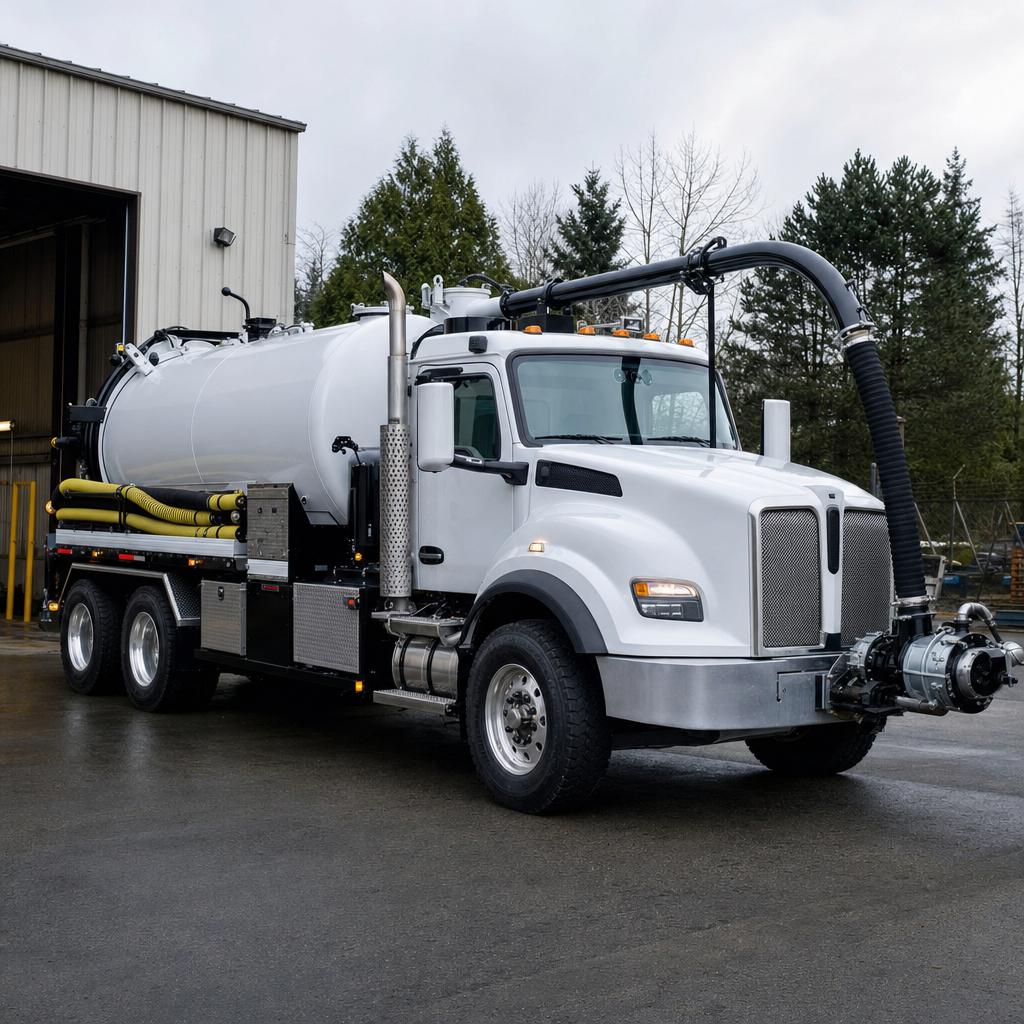 A clean white septic vacuum truck rolling out of a tidy Kansas City service depot at the start of the day