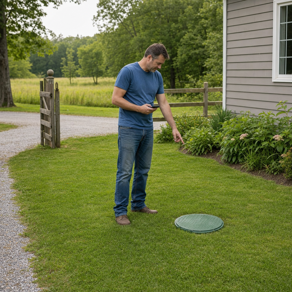 A Kansas City-area homeowner standing in the backyard noting where the septic tank lid and access route are located