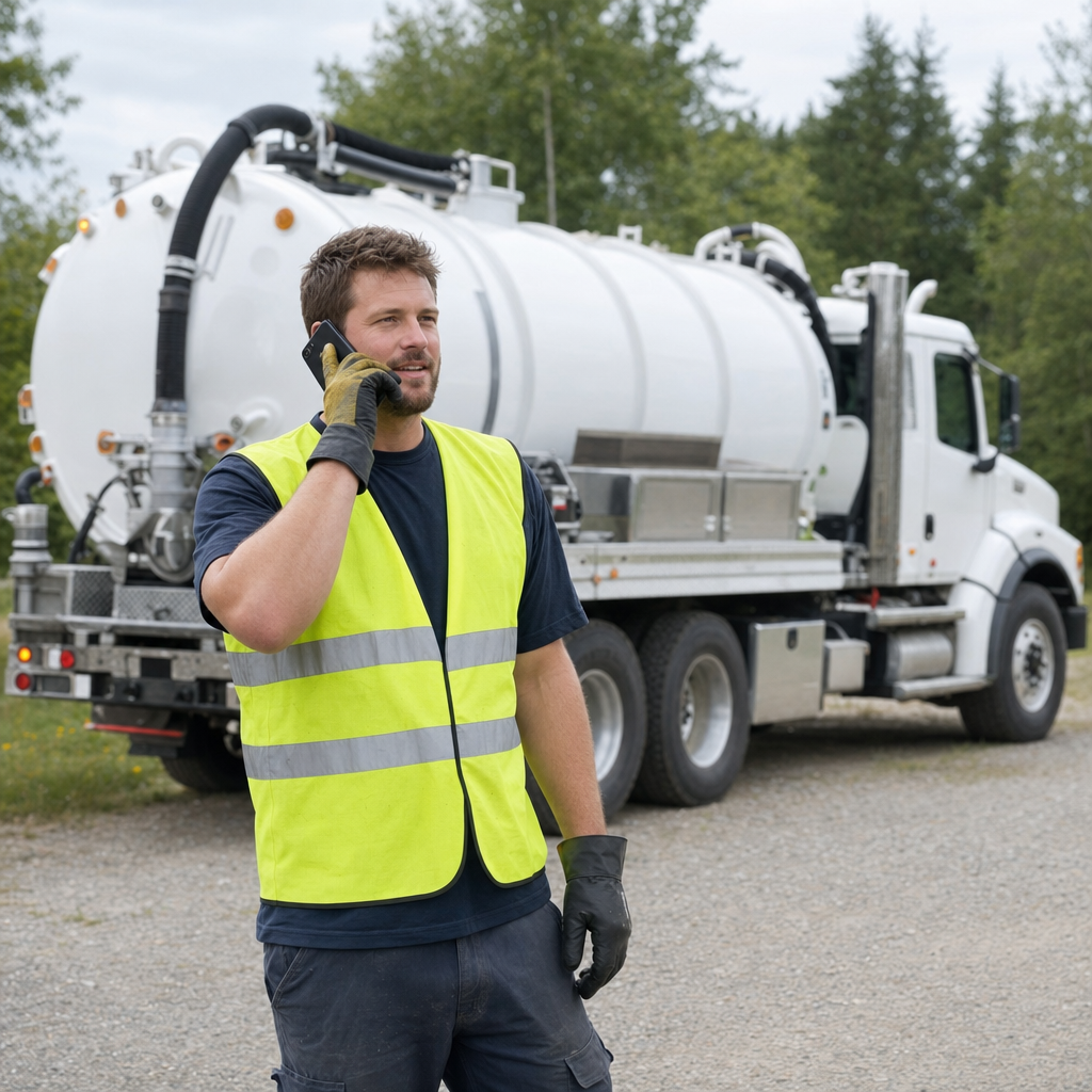 A friendly septic dispatcher holding a phone, ready to answer a Kansas City homeowner's call about a pump-out