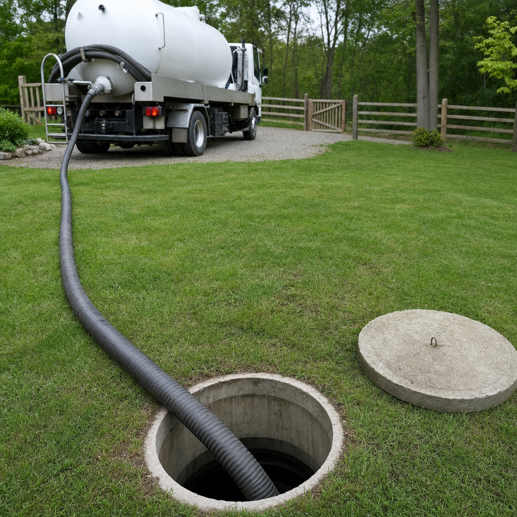 Suction hose connected to an open septic tank, drawing it down in a tidy Kansas City yard