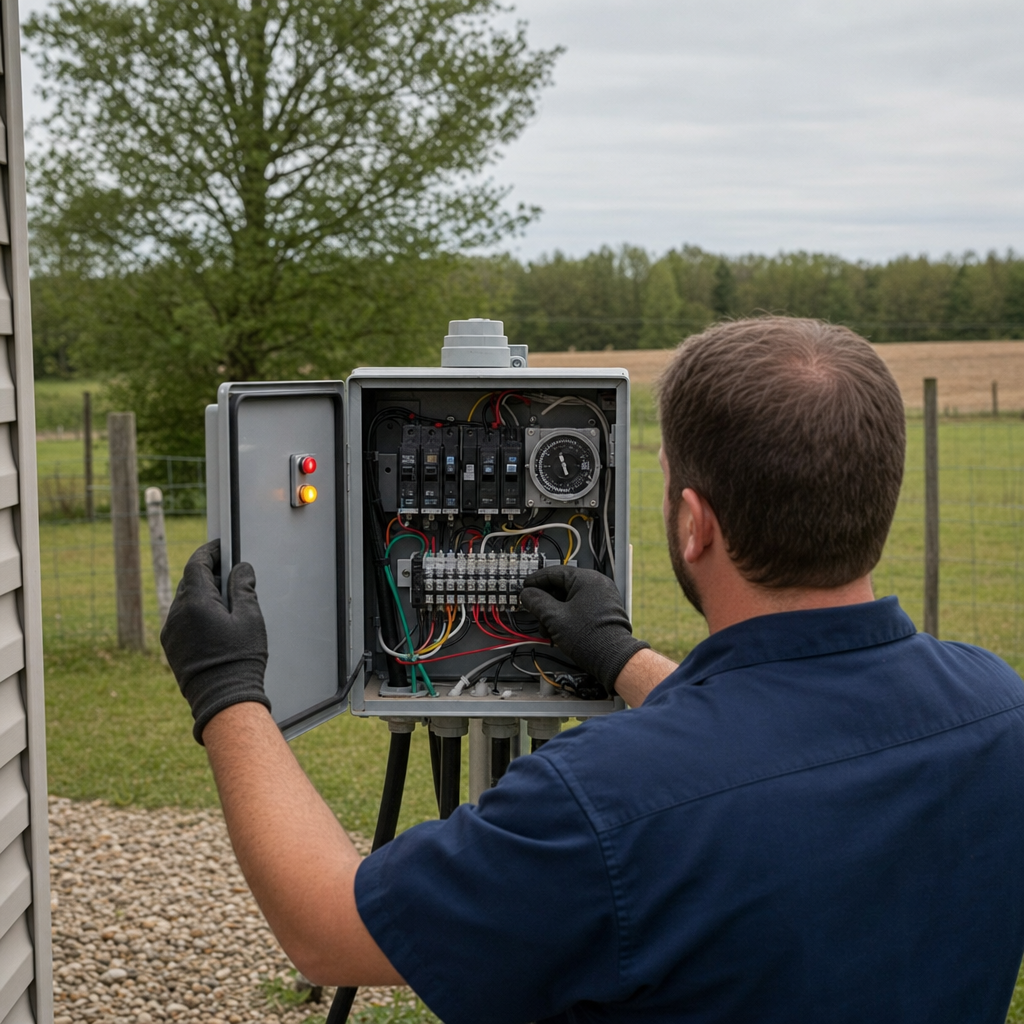 Technician checking an aerobic septic control box with a lit red high-water alarm during a same-day Kansas City visit