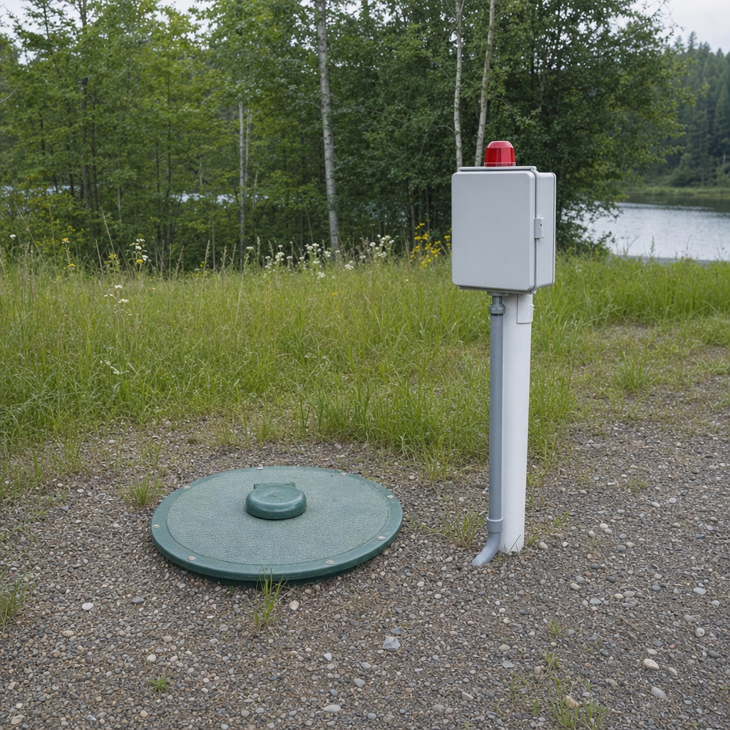 A wastewater holding tank access lid set in the ground at a rural Kansas City-area cabin, with a mounted high-level float alarm panel nearby