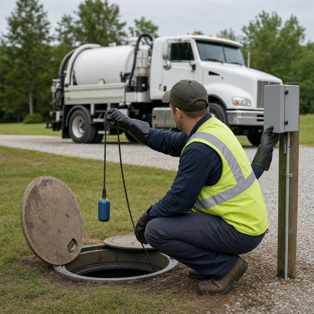 A septic technician in a high-visibility vest checking a high-level float switch and alarm panel on a holding tank at a rural Kansas City-area site