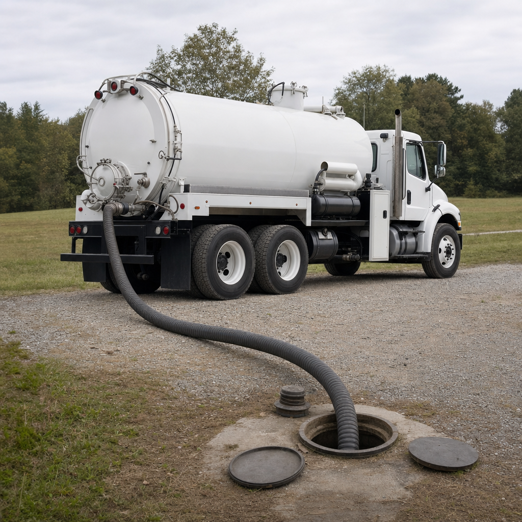 An unmarked white vacuum truck emptying a wastewater holding tank on a scheduled visit at a rural Kansas City-area property, thick suction hose running to the tank lid