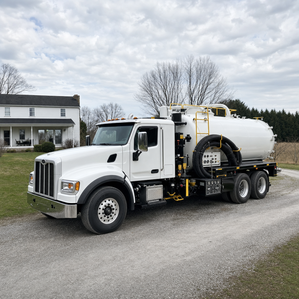 A clean white septic vacuum truck parked on a tidy Kansas City driveway with the suction hose neatly coiled