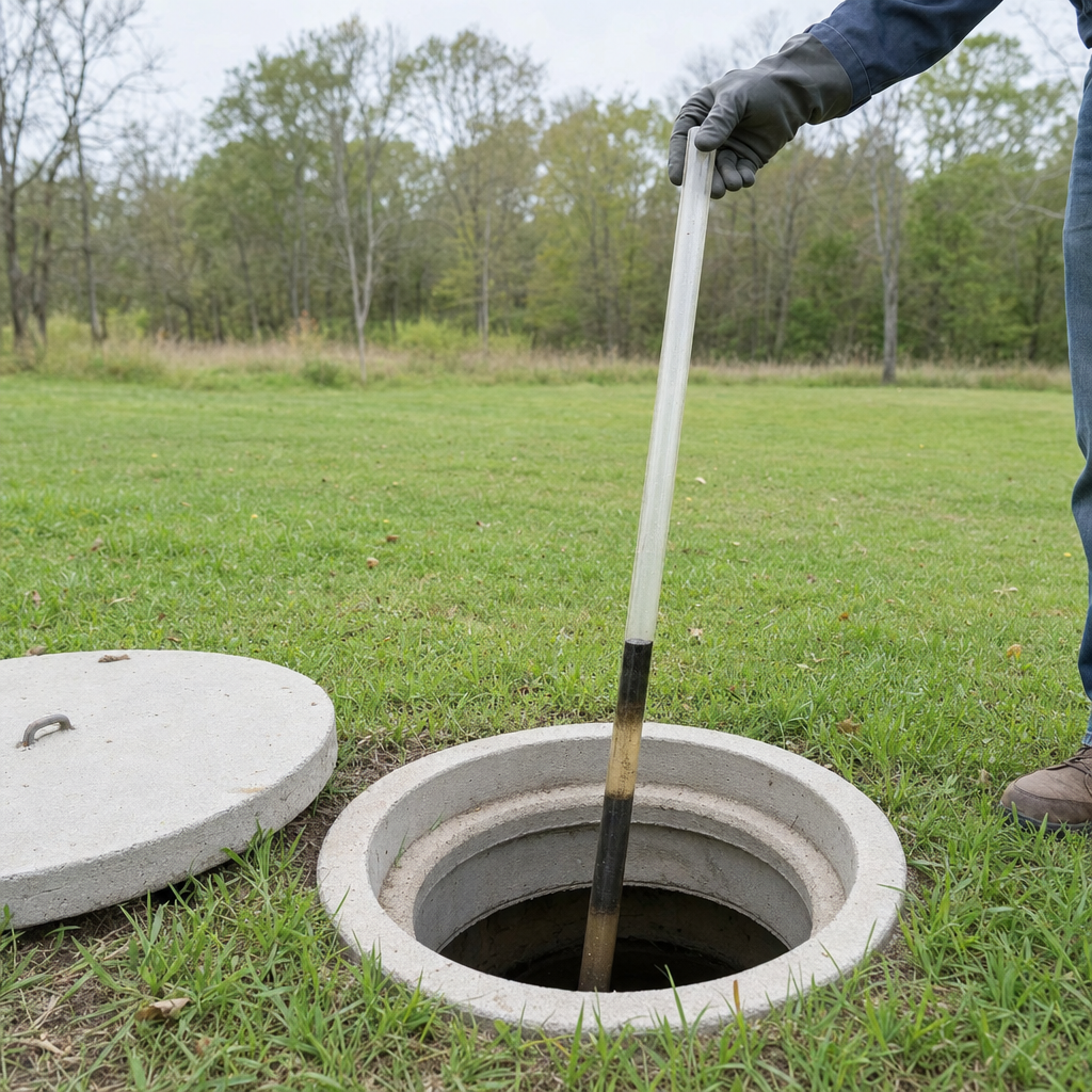A septic sludge-judge measuring stick lowered into an open Kansas City septic tank to read the depth of the sludge and scum layers before deciding whether a pump-out is due