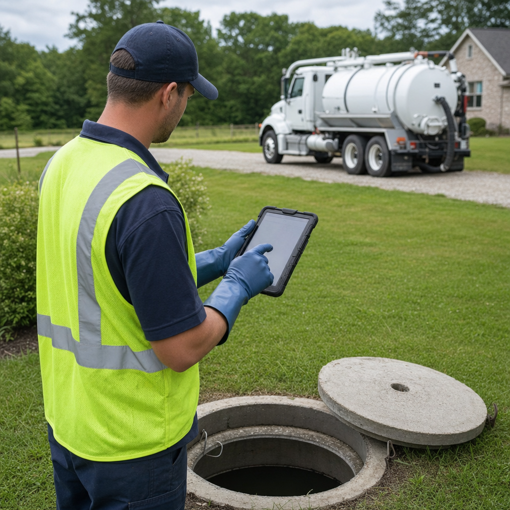 A septic technician recording a Kansas City home's pump-out date and tank condition on a tablet beside an open access lid, tracking the service history that sets the next due date