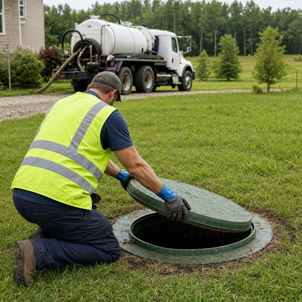 Septic technician kneeling on a Kansas City lawn, lifting the access lid on a residential septic tank