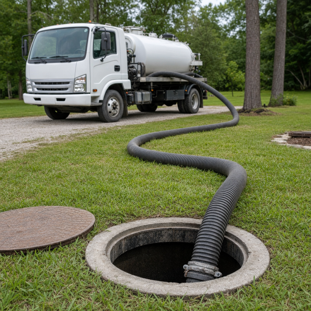 Thick ribbed suction hose lowered into a clean open septic tank port on a tidy Kansas City backyard lawn