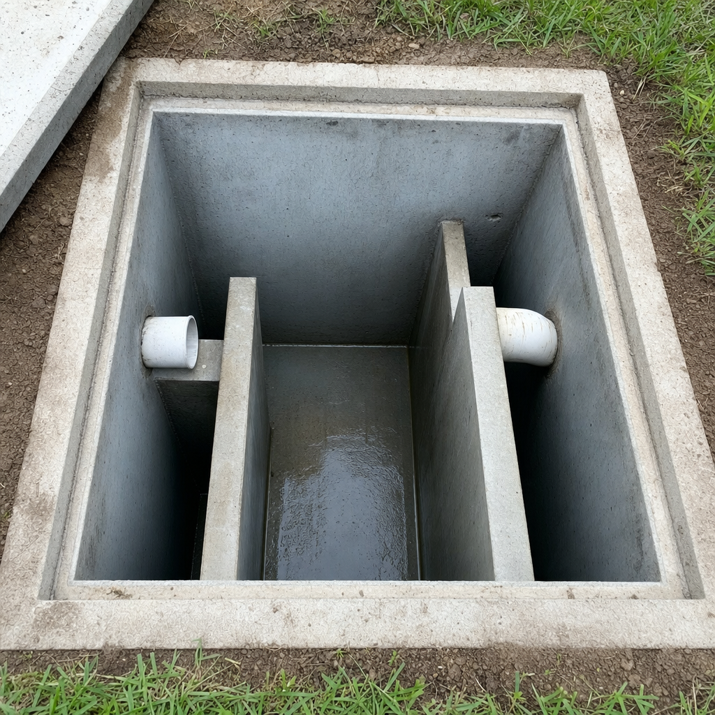 Inspection of the concrete baffles inside an open, emptied and freshly cleaned Kansas City septic tank
