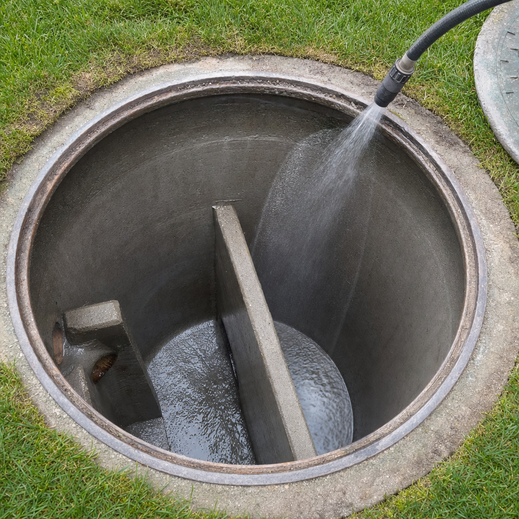 Interior concrete walls of an emptied Kansas City septic tank being rinsed clean with the truck's onboard water hose