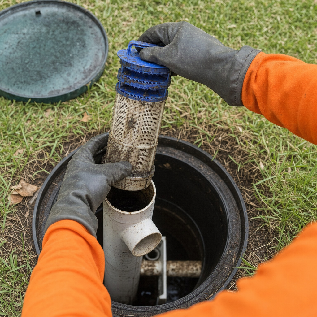 Septic technician's gloved hands lifting the effluent filter cartridge out of the outlet housing on a Kansas City septic tank