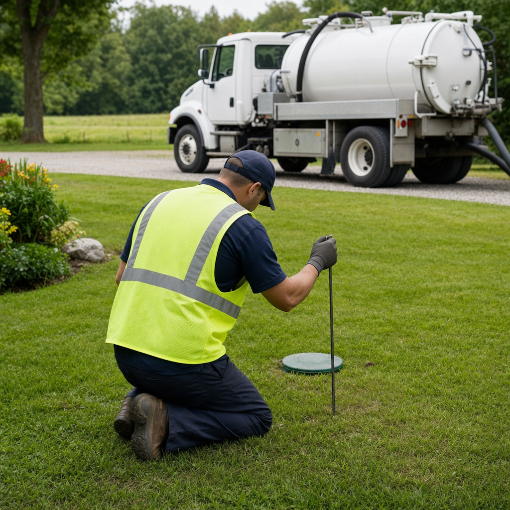 Septic technician kneeling on a Kansas City lawn, probing to locate and measure the depth of a buried septic tank lid before pumping