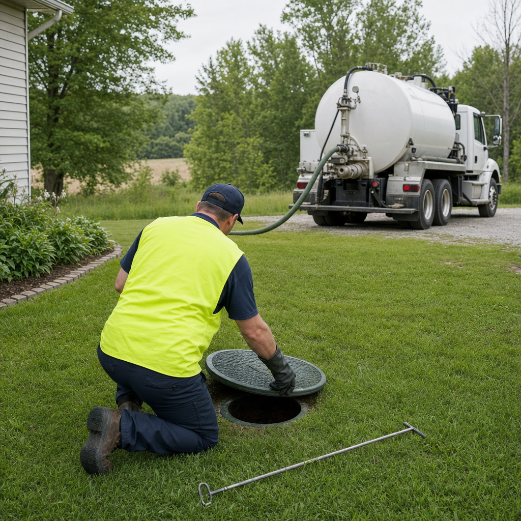 Septic technician kneeling on a Kansas City lawn, lifting the buried access lid on a residential septic tank