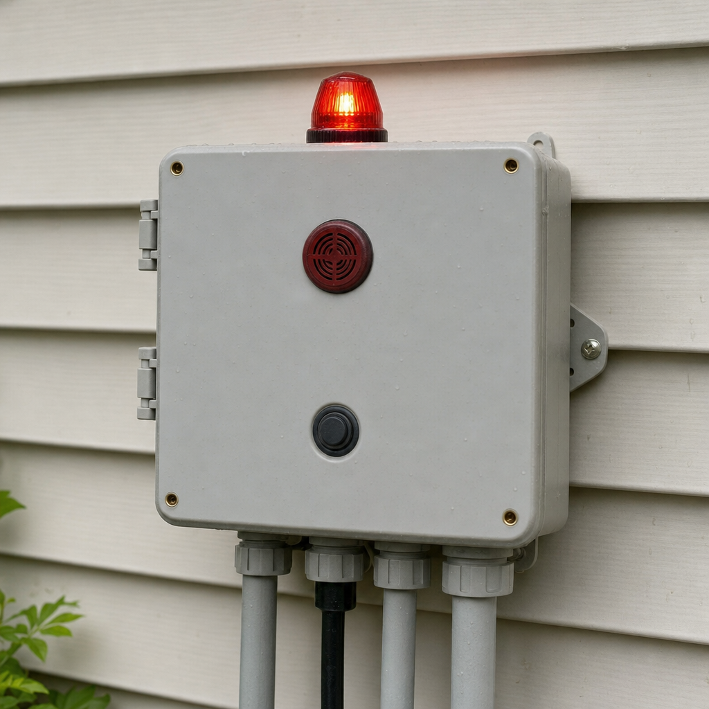 An aerobic septic system control panel mounted outside a Kansas City home with its red high-water alarm light lit