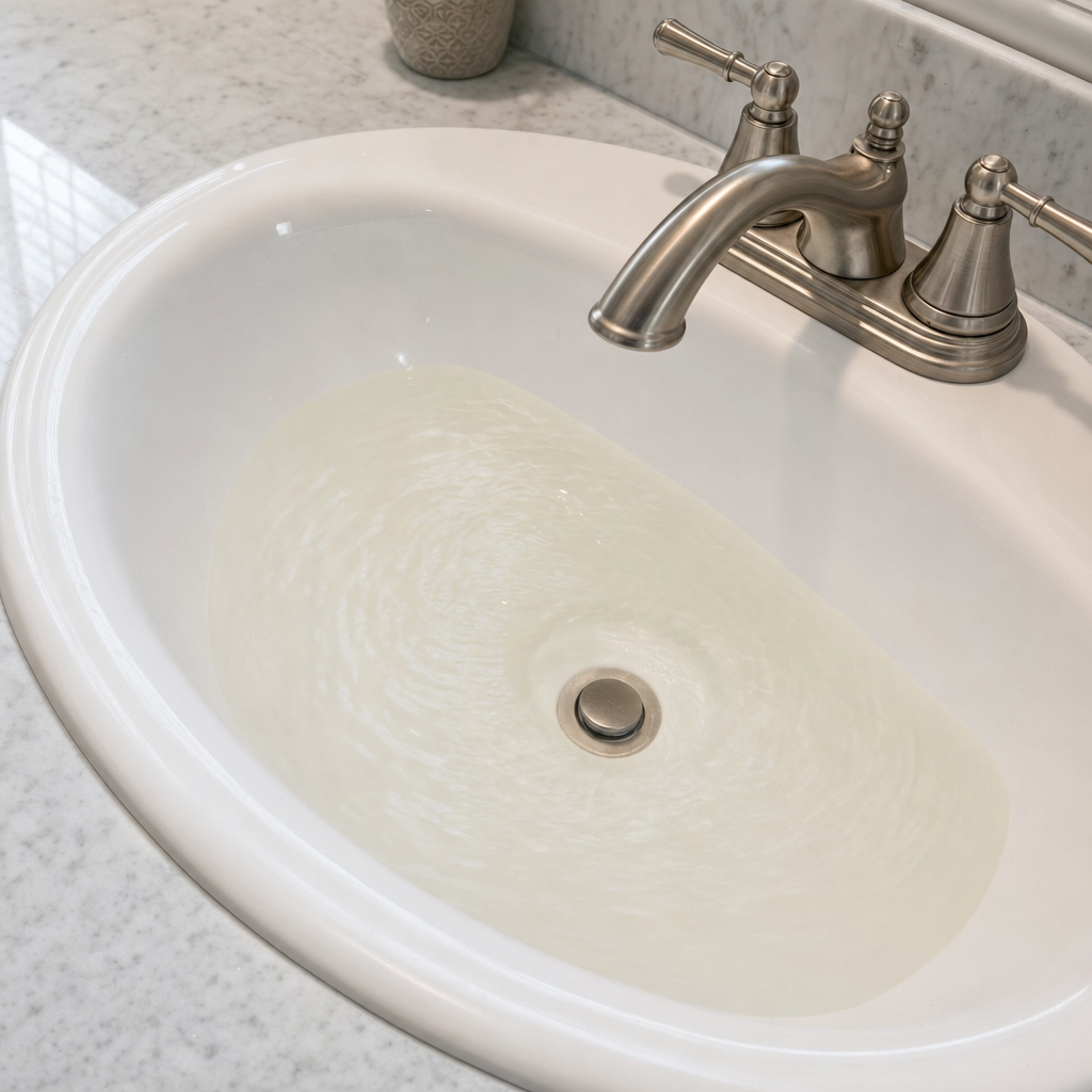 A bathroom sink draining slowly with water pooled in the basin, an early warning sign that a Kansas City septic tank is full